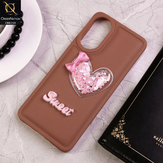 Oppo A18 Cover - Brown - New Trendy 3D Love Heart (Moving Shiny Stars Glitter) & Bow Candy Color Soft Silicon Case