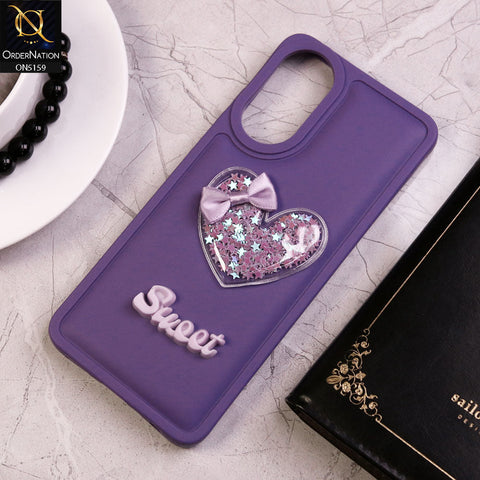 Oppo A38 Cover - Purple - New Trendy 3D Love Heart (Moving Shiny Stars Glitter) & Bow Candy Color Soft Silicon Case