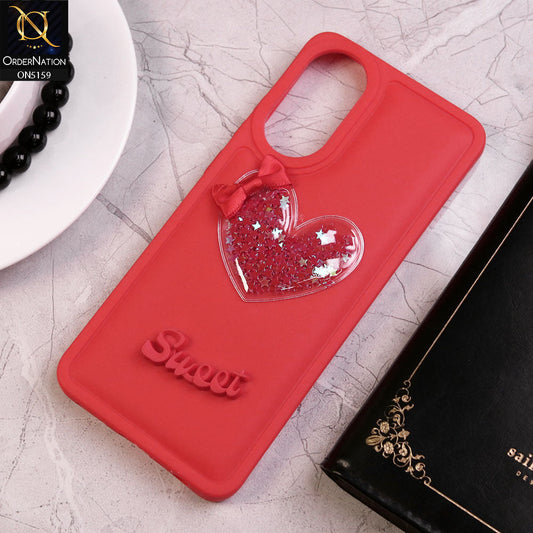 Oppo A38 Cover - Red - New Trendy 3D Love Heart (Moving Shiny Stars Glitter) & Bow Candy Color Soft Silicon Case