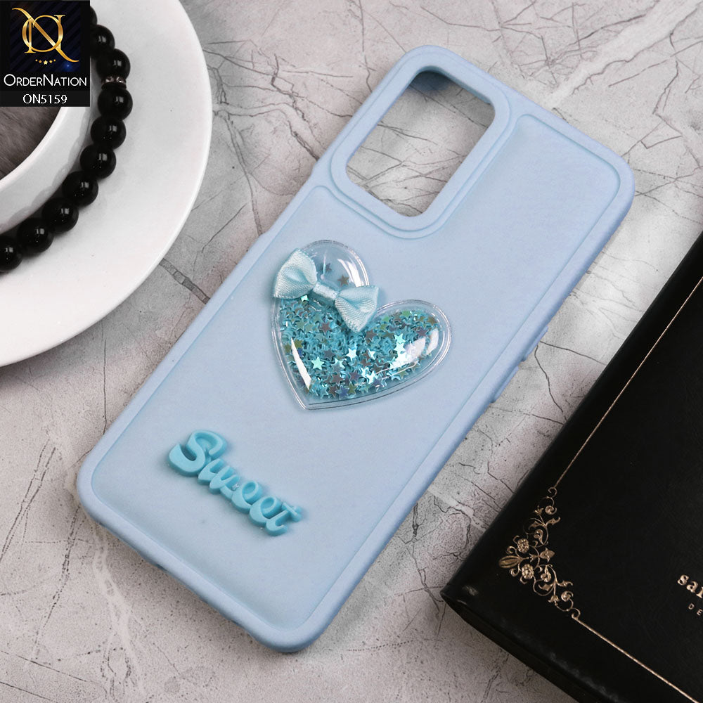 Oppo A54 4G Cover - Blue - New Trendy 3D Love Heart (Moving Shiny Stars Glitter) & Bow Candy Color Soft Silicon Case