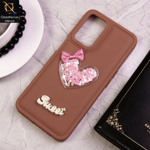 Oppo A54 4G Cover - Brown - New Trendy 3D Love Heart (Moving Shiny Stars Glitter) & Bow Candy Color Soft Silicon Case