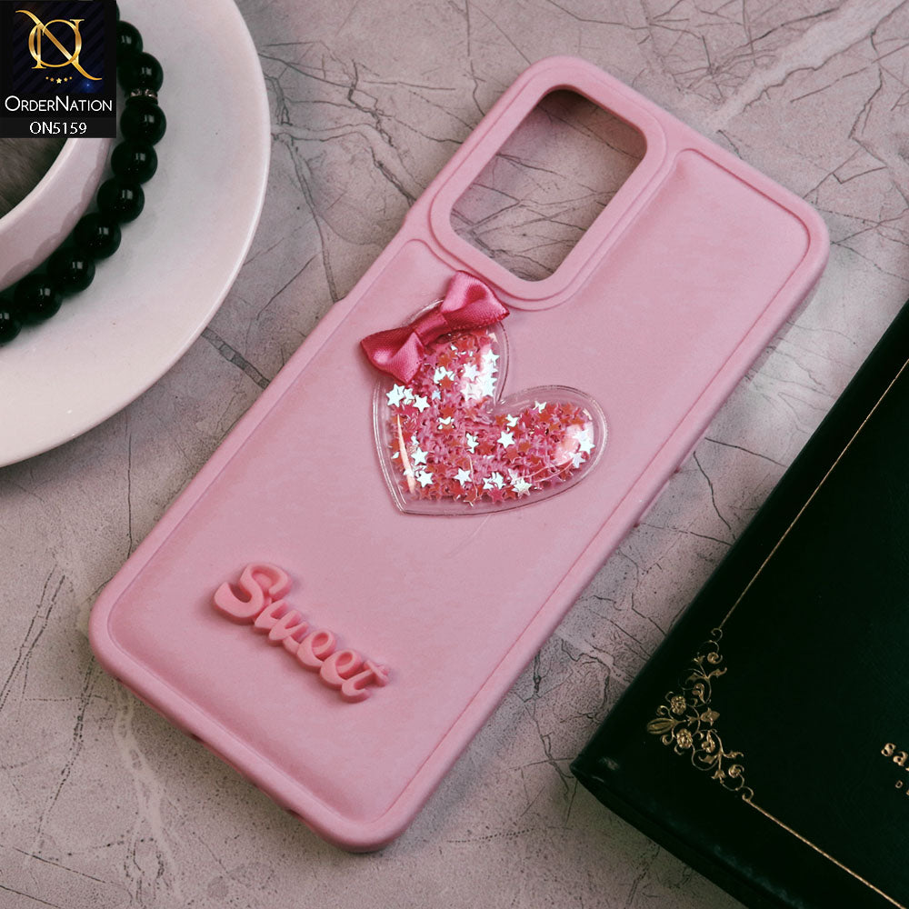 Oppo A54 4G Cover - Pink - New Trendy 3D Love Heart (Moving Shiny Stars Glitter) & Bow Candy Color Soft Silicon Case