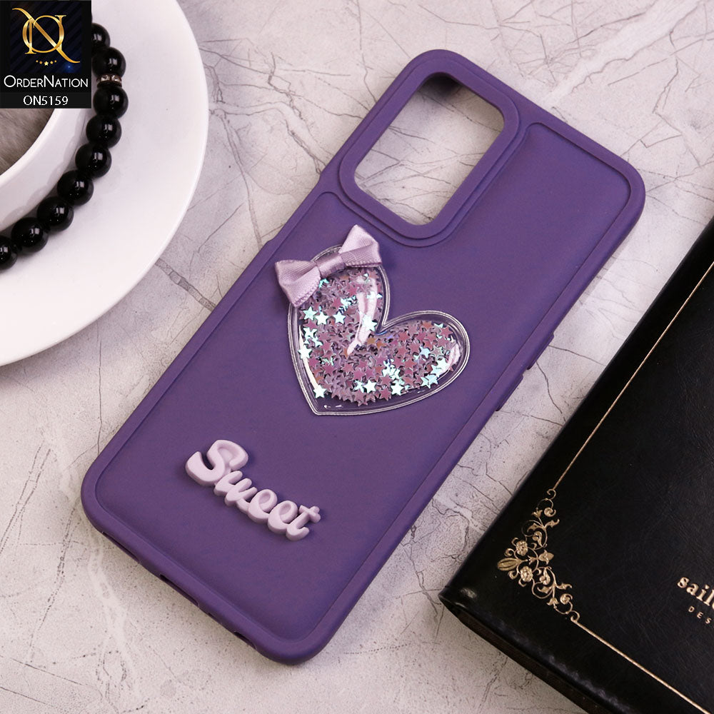 Oppo A54 4G Cover - Purple - New Trendy 3D Love Heart (Moving Shiny Stars Glitter) & Bow Candy Color Soft Silicon Case