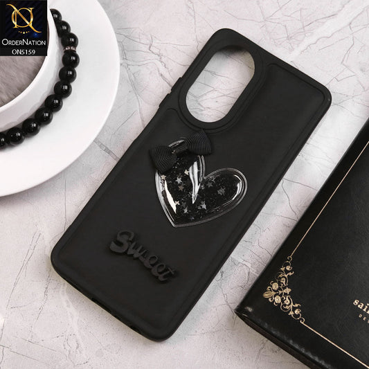 Oppo A58 4G Cover - Black - New Trendy 3D Love Heart (Moving Shiny Stars Glitter) & Bow Candy Color Soft Silicon Case