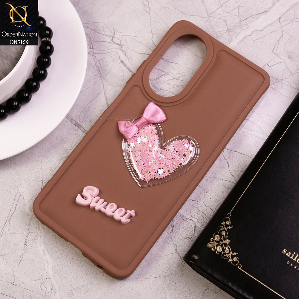 Oppo A58 4G Cover - Brown - New Trendy 3D Love Heart (Moving Shiny Stars Glitter) & Bow Candy Color Soft Silicon Case