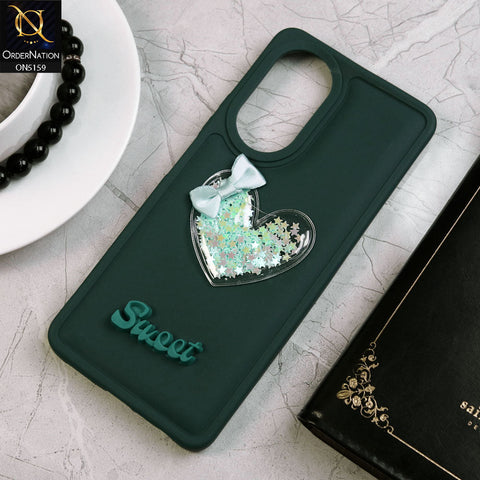 Oppo A58 4G Cover - Green - New Trendy 3D Love Heart (Moving Shiny Stars Glitter) & Bow Candy Color Soft Silicon Case