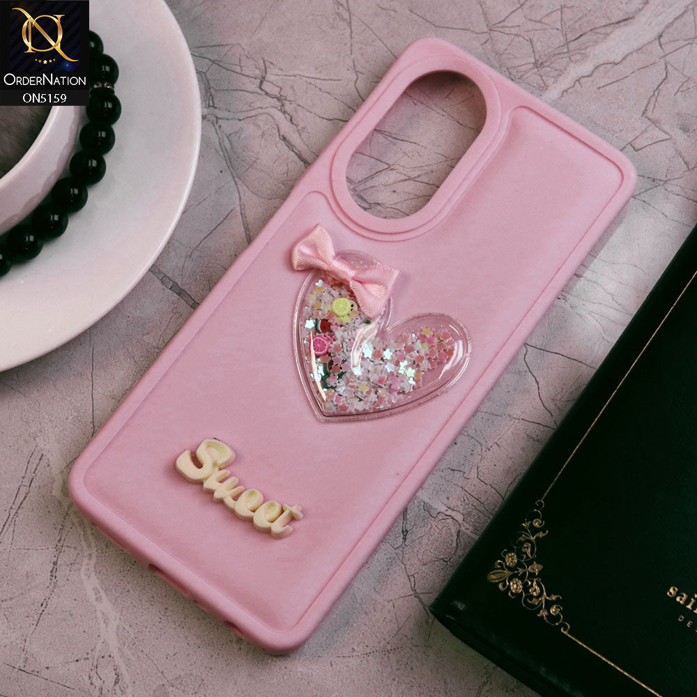 Oppo A58 4G Cover - Pink - New Trendy 3D Love Heart (Moving Shiny Stars Glitter) & Bow Candy Color Soft Silicon Case