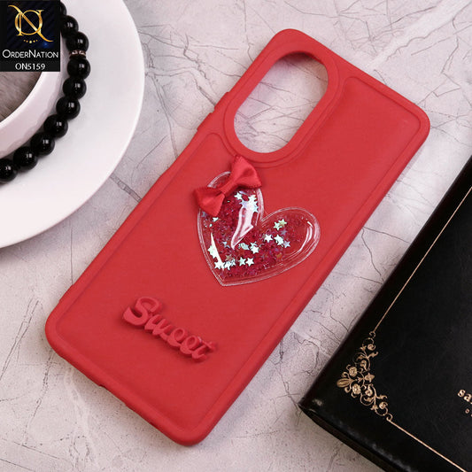 Oppo A58 4G Cover - Red - New Trendy 3D Love Heart (Moving Shiny Stars Glitter) & Bow Candy Color Soft Silicon Case