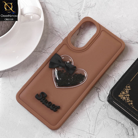 Oppo A78 Cover - Brown - Design 3 - New Trendy 3D Love Heart (Moving Shiny Stars Glitter) & Bow Candy Color Soft Silicon Case