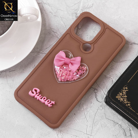 Xiaomi Redmi A2 Cover - Brown - Design 2 - New Trendy 3D Love Heart (Moving Shiny Stars Glitter) & Bow Candy Color Soft Silicon Case