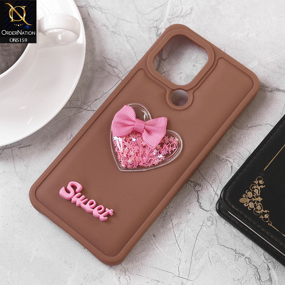 Xiaomi Poco C50 Cover - Brown - Design 2 - New Trendy 3D Love Heart (Moving Shiny Stars Glitter) & Bow Candy Color Soft Silicon Case