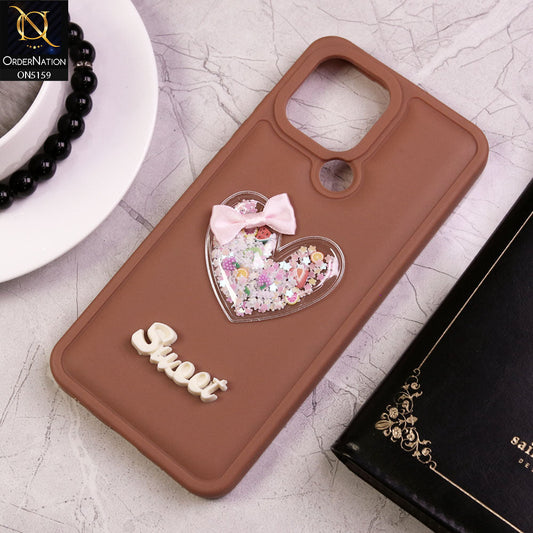 Xiaomi Redmi A1 Plus Cover - Brown - New Trendy 3D Love Heart (Moving Shiny Stars Glitter) & Bow Candy Color Soft Silicon Case