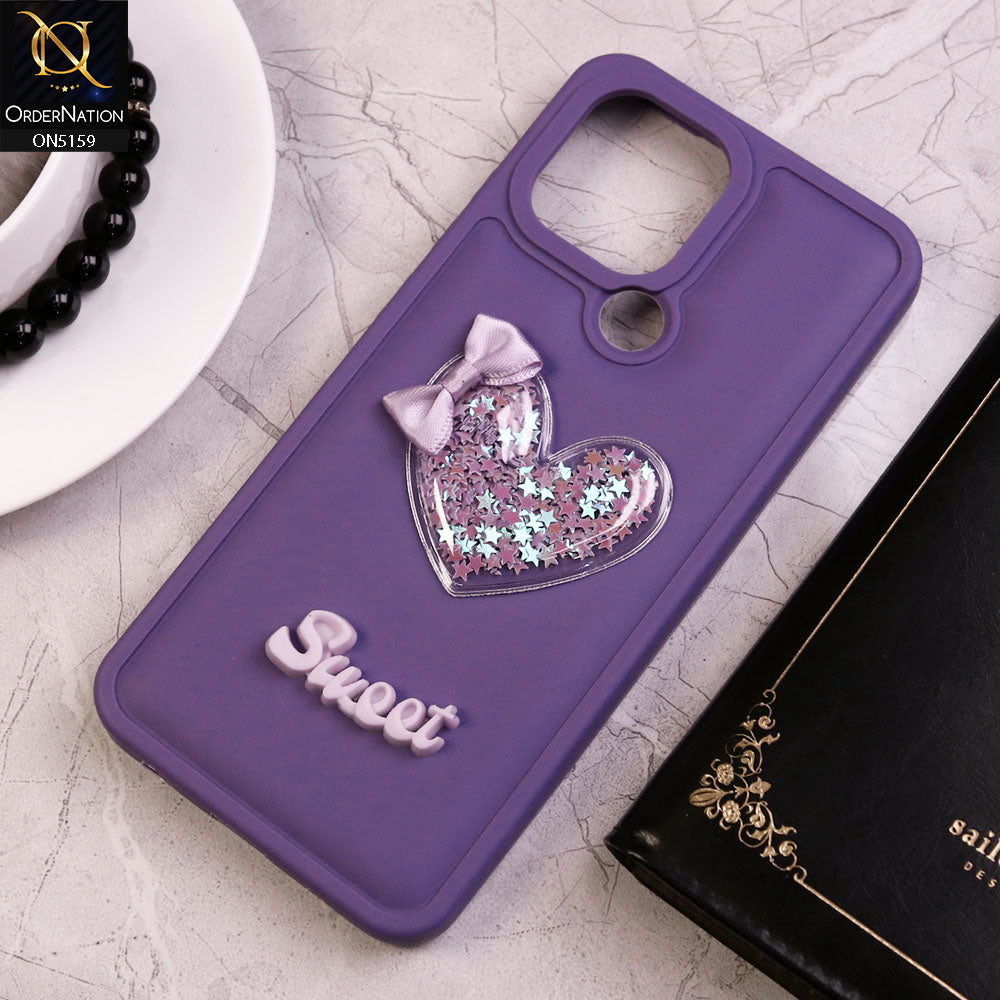 Xiaomi Redmi A2 Cover - Purple - New Trendy 3D Love Heart (Moving Shiny Stars Glitter) & Bow Candy Color Soft Silicon Case