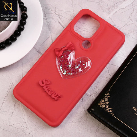 Xiaomi Redmi A1 Plus Cover - Red - New Trendy 3D Love Heart (Moving Shiny Stars Glitter) & Bow Candy Color Soft Silicon Case