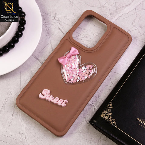 Xiaomi Poco C65 Cover - Brown - New Trendy 3D Love Heart (Moving Shiny Stars Glitter) & Bow Candy Color Soft Silicon Case