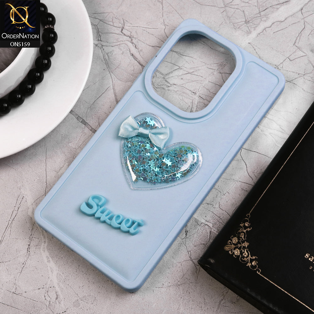 Xiaomi Poco M6 Pro 4G Cover - Blue - New Trendy 3D Love Heart (Moving Shiny Stars Glitter) & Bow Candy Color Soft Silicon Case