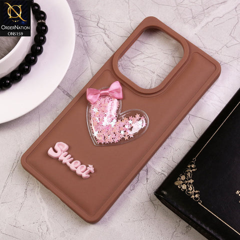 Xiaomi Poco M6 Pro 4G Cover - Brown - New Trendy 3D Love Heart (Moving Shiny Stars Glitter) & Bow Candy Color Soft Silicon Case