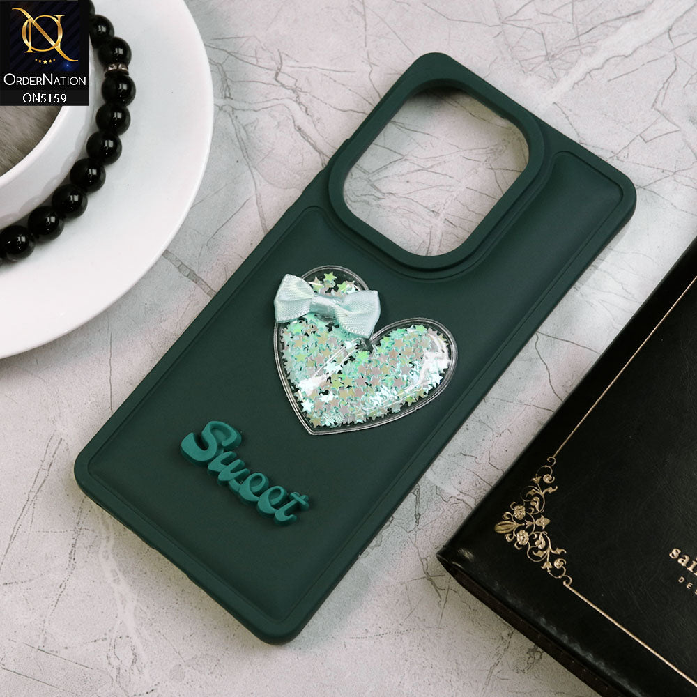 Xiaomi Poco M6 Pro 4G Cover - Green - New Trendy 3D Love Heart (Moving Shiny Stars Glitter) & Bow Candy Color Soft Silicon Case