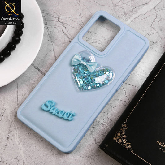 Oppo F21 Pro 4G Cover - Blue - New Trendy 3D Love Heart (Moving Shiny Stars Glitter) & Bow Candy Color Soft Silicon Case