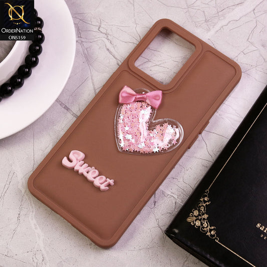 Oppo F21 Pro 4G Cover - Brown - New Trendy 3D Love Heart (Moving Shiny Stars Glitter) & Bow Candy Color Soft Silicon Case