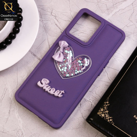 Oppo F21 Pro 4G Cover - Purple - New Trendy 3D Love Heart (Moving Shiny Stars Glitter) & Bow Candy Color Soft Silicon Case