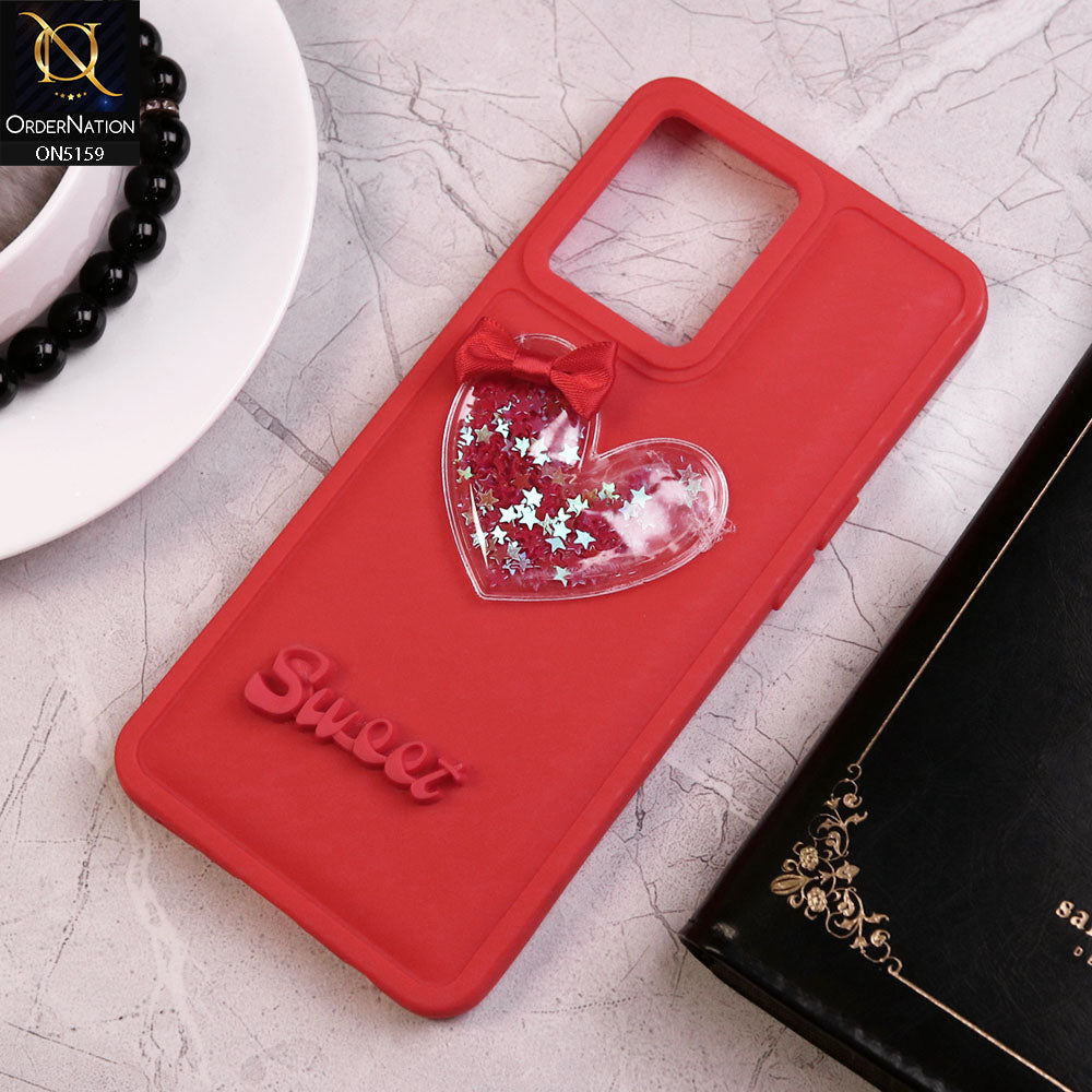 Oppo F21 Pro 4G Cover - Red - New Trendy 3D Love Heart (Moving Shiny Stars Glitter) & Bow Candy Color Soft Silicon Case