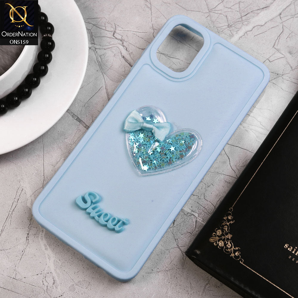 Samsung Galaxy A05 Cover - Blue - New Trendy 3D Love Heart (Moving Shiny Stars Glitter) & Bow Candy Color Soft Silicon Case