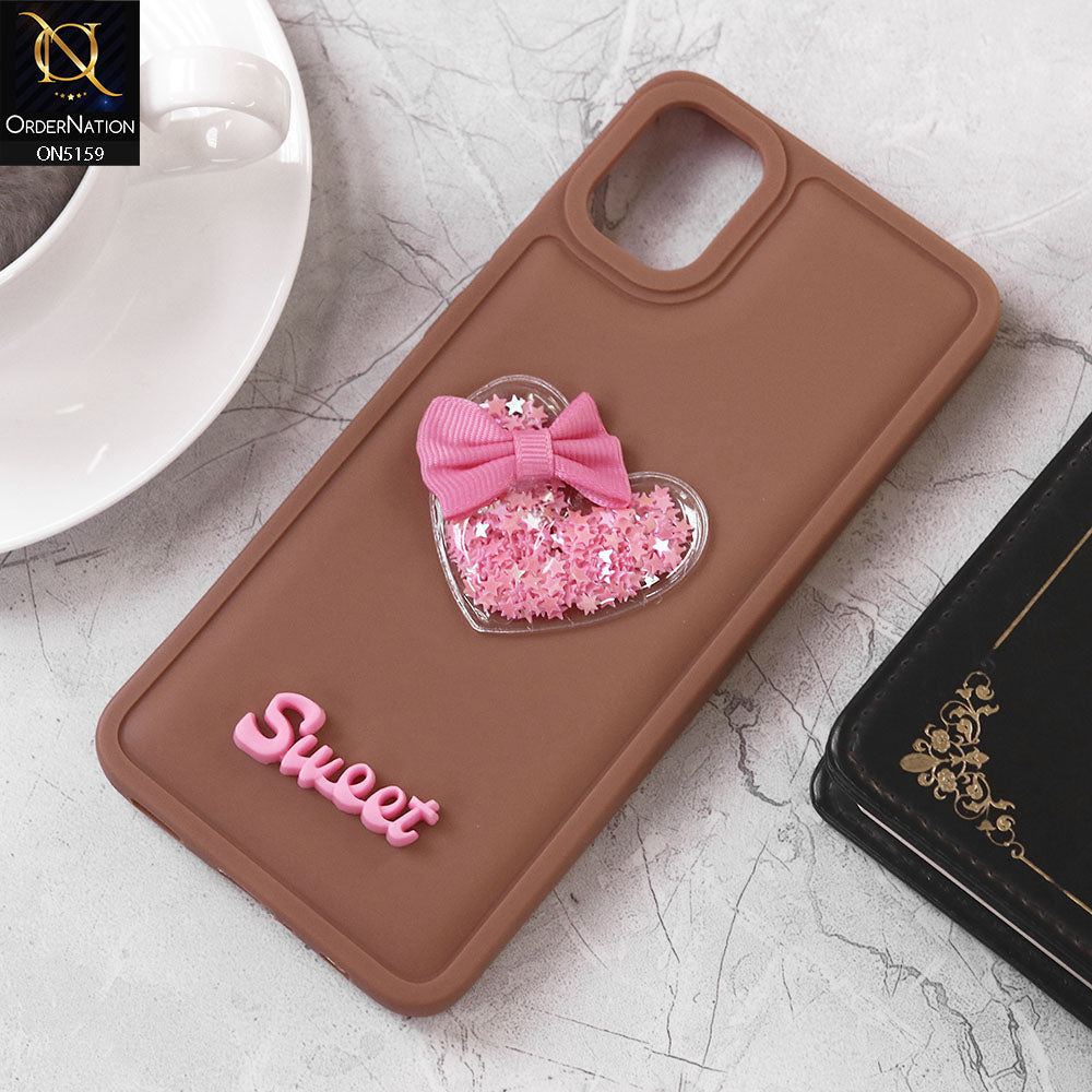 Samsung Galaxy A05 Cover - Brown - Design 2 - New Trendy 3D Love Heart (Moving Shiny Stars Glitter) & Bow Candy Color Soft Silicon Case