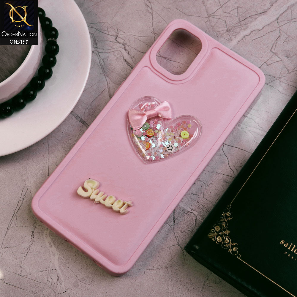 Samsung Galaxy A05 Cover - Pink - New Trendy 3D Love Heart (Moving Shiny Stars Glitter) & Bow Candy Color Soft Silicon Case