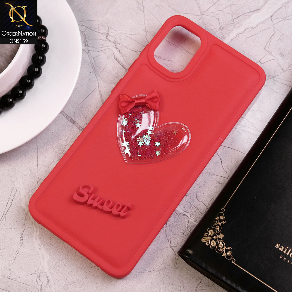 Samsung Galaxy A05 Cover - Red - New Trendy 3D Love Heart (Moving Shiny Stars Glitter) & Bow Candy Color Soft Silicon Case