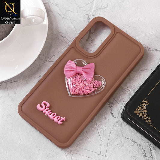 Samsung Galaxy A05s Cover - Brown - Design 2 - New Trendy 3D Love Heart (Moving Shiny Stars Glitter) & Bow Candy Color Soft Silicon Case