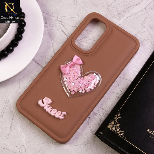 Samsung Galaxy A05s Cover - Brown - New Trendy 3D Love Heart (Moving Shiny Stars Glitter) & Bow Candy Color Soft Silicon Case