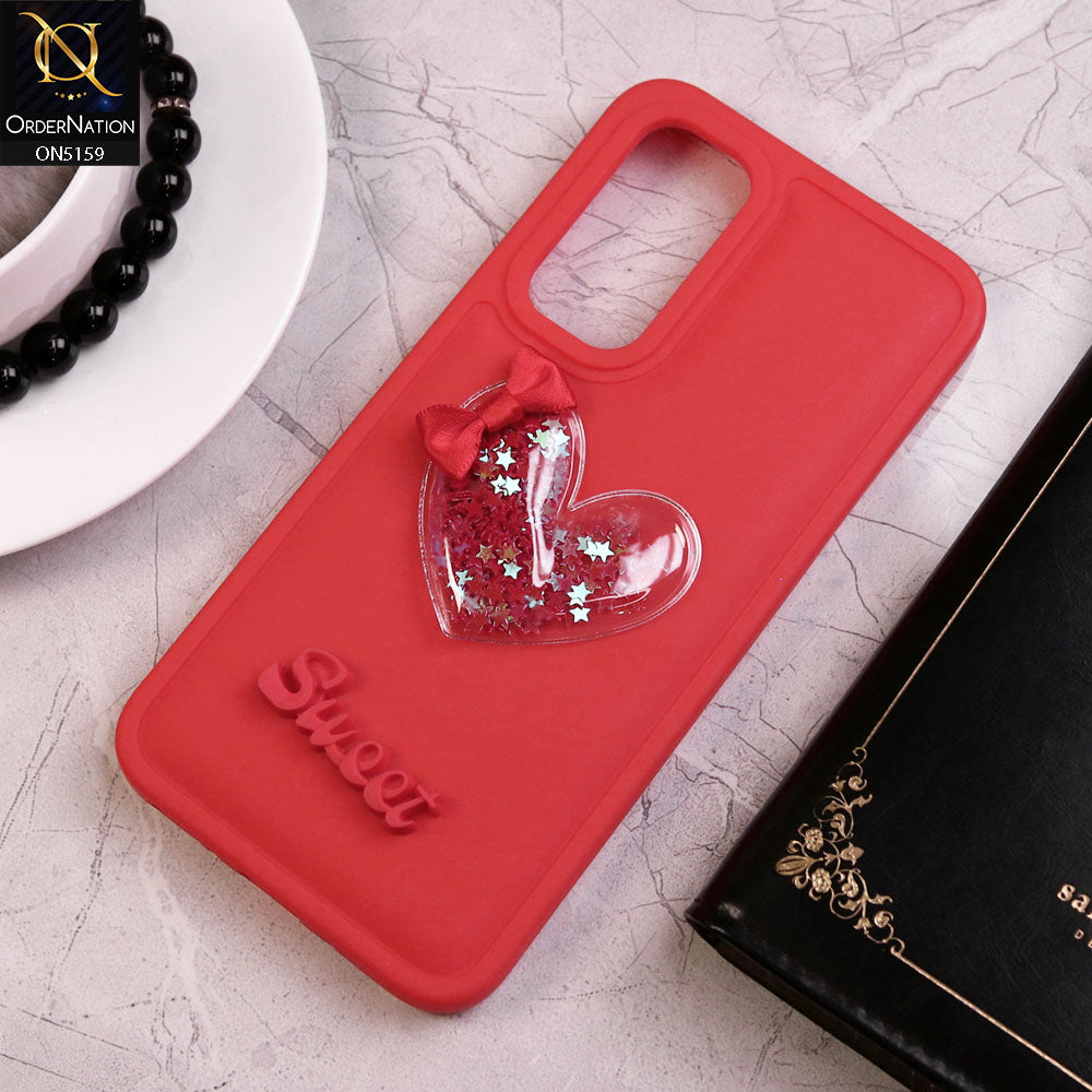 Samsung Galaxy A05s Cover - Red - New Trendy 3D Love Heart (Moving Shiny Stars Glitter) & Bow Candy Color Soft Silicon Case