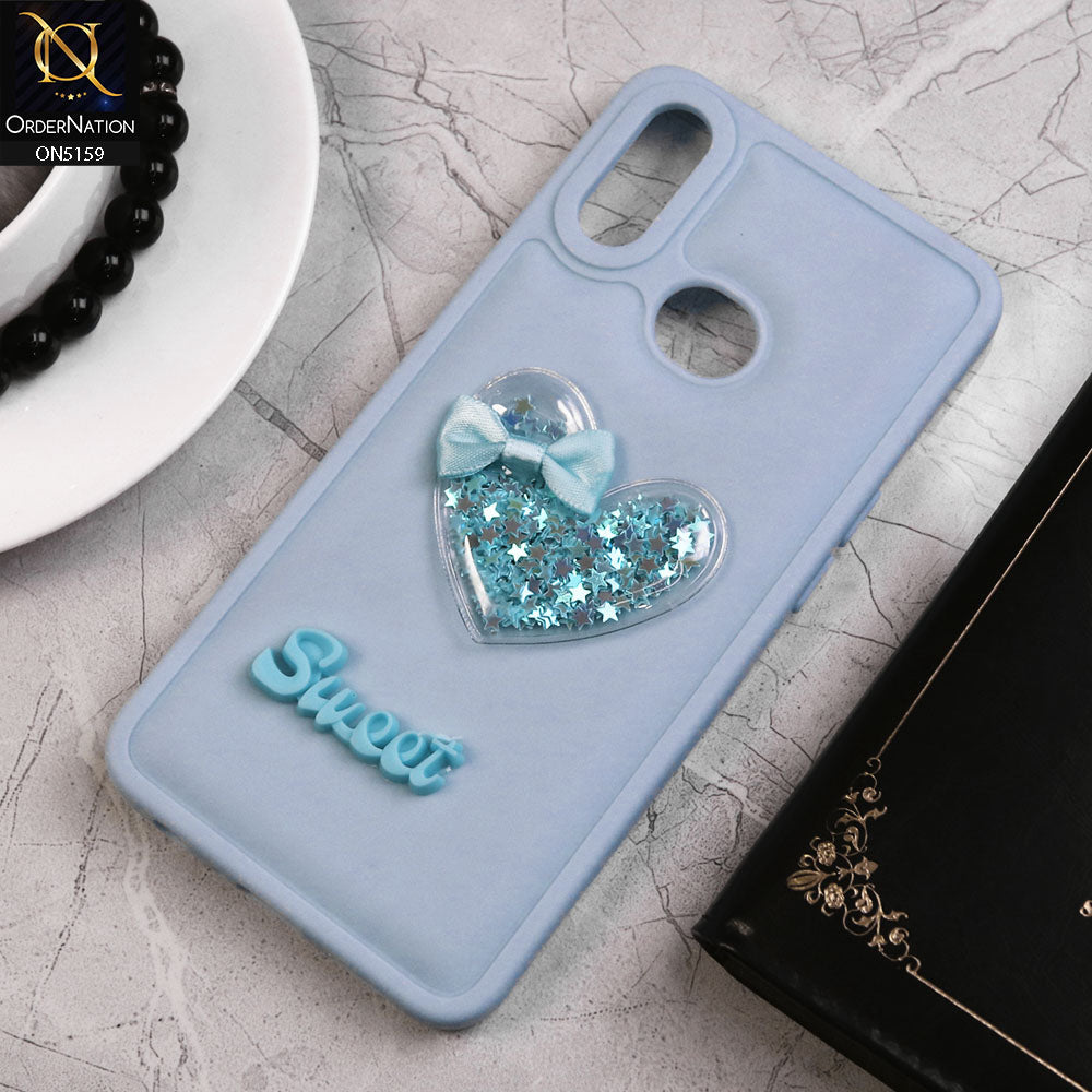 Samsung Galaxy A10s Cover - Blue - New Trendy 3D Love Heart (Moving Shiny Stars Glitter) & Bow Candy Color Soft Silicon Case