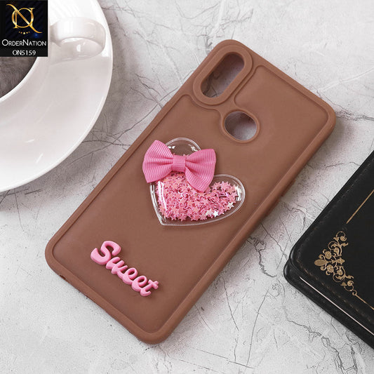 Samsung Galaxy A10s Cover - Brown - Design 2 - New Trendy 3D Love Heart (Moving Shiny Stars Glitter) & Bow Candy Color Soft Silicon Case