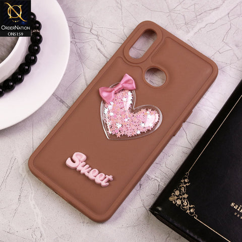 Samsung Galaxy A10s Cover - Brown - New Trendy 3D Love Heart (Moving Shiny Stars Glitter) & Bow Candy Color Soft Silicon Case