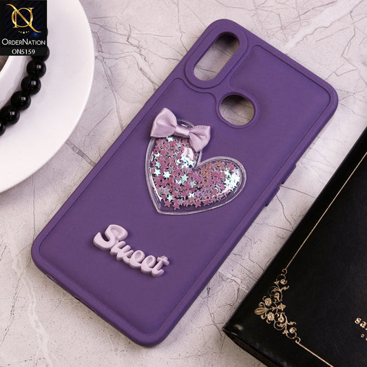 Samsung Galaxy A10s Cover - Purple - New Trendy 3D Love Heart (Moving Shiny Stars Glitter) & Bow Candy Color Soft Silicon Case