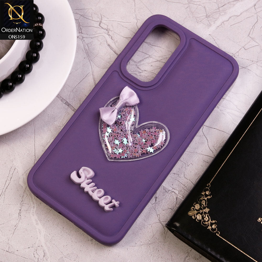 Samsung Galaxy A15 5G Cover - Purple - New Trendy 3D Love Heart (Moving Shiny Stars Glitter) & Bow Candy Color Soft Silicon Case