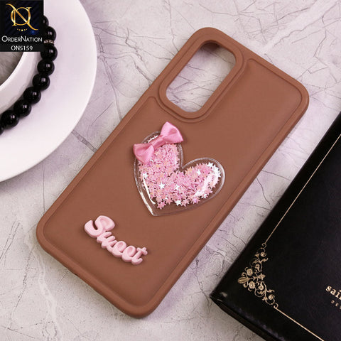 Samsung Galaxy A24 4G Cover - Brown - New Trendy 3D Love Heart (Moving Shiny Stars Glitter) & Bow Candy Color Soft Silicon Case