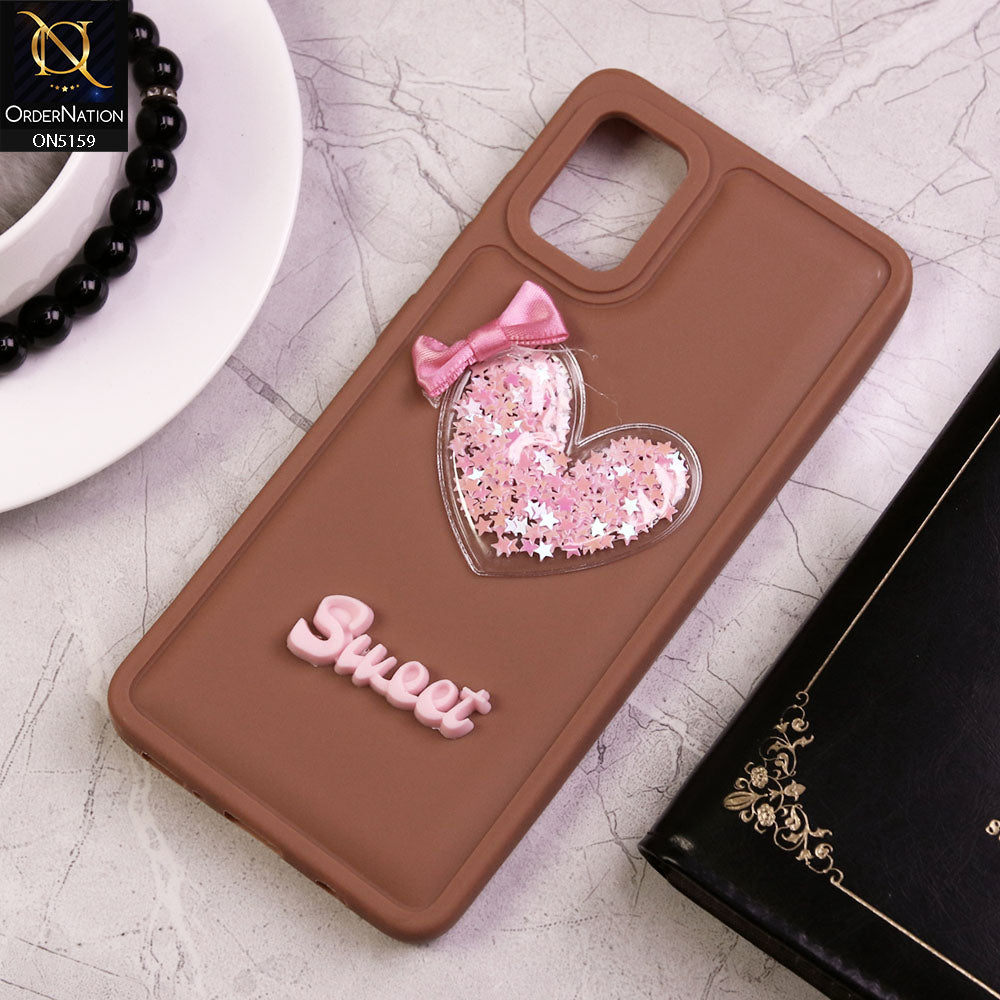 Samsung Galaxy A31 Cover - Brown - New Trendy 3D Love Heart (Moving Shiny Stars Glitter) & Bow Candy Color Soft Silicon Case