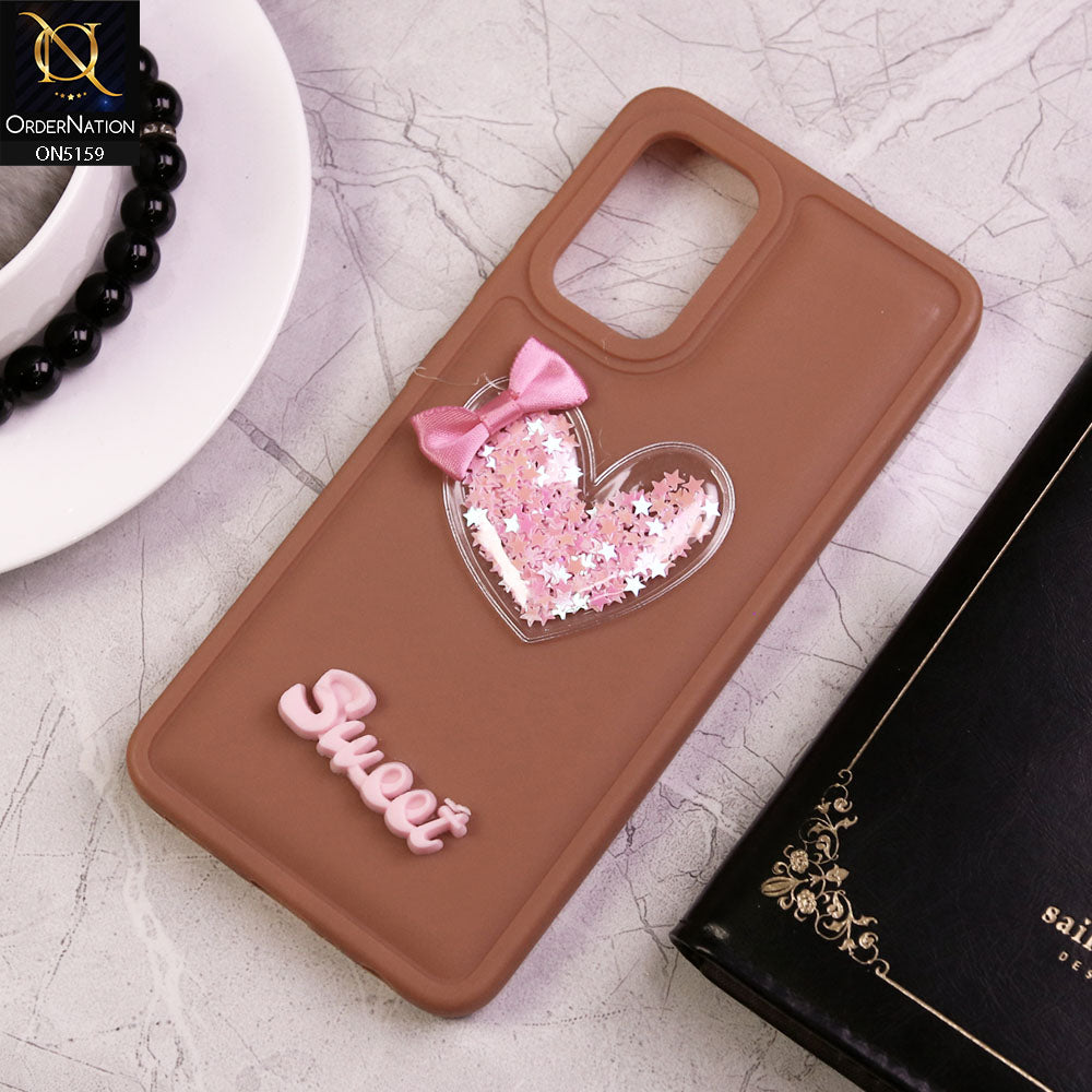 Samsung Galaxy A32 Cover - Brown - New Trendy 3D Love Heart (Moving Shiny Stars Glitter) & Bow Candy Color Soft Silicon Case