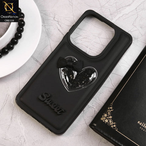 Infinix Smart 8 Plus Cover - Black - New Trendy 3D Love Heart (Moving Shiny Stars Glitter) & Bow Candy Color Soft Silicon Case