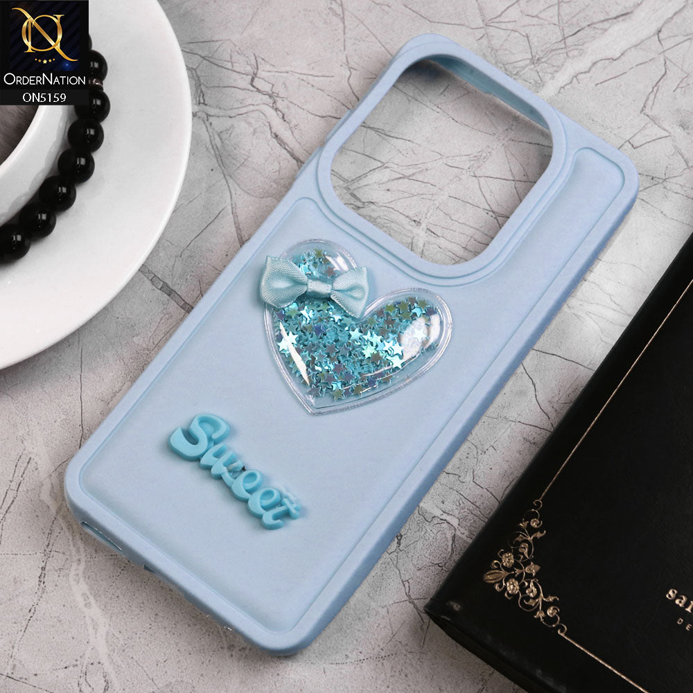 Tecno Spark 20 Cover - Blue - New Trendy 3D Love Heart (Moving Shiny Stars Glitter) & Bow Candy Color Soft Silicon Case