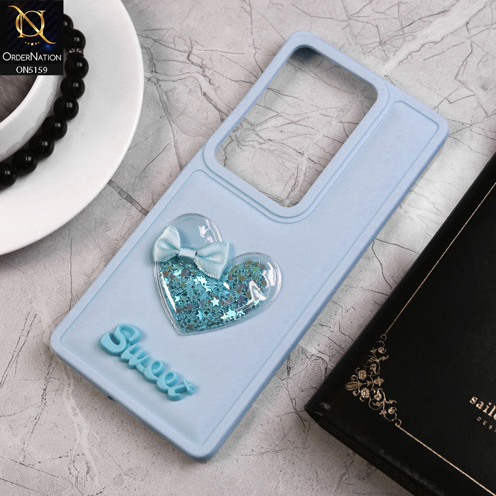 Vivo V29 Cover - Blue - New Trendy 3D Love Heart (Moving Shiny Stars Glitter) & Bow Candy Color Soft Silicon Case