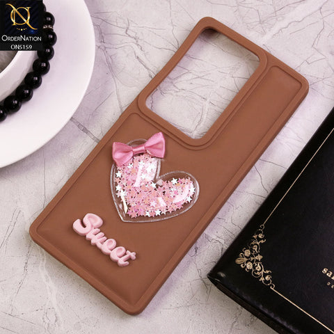 Vivo S17 Pro Cover - Brown - New Trendy 3D Love Heart (Moving Shiny Stars Glitter) & Bow Candy Color Soft Silicon Case