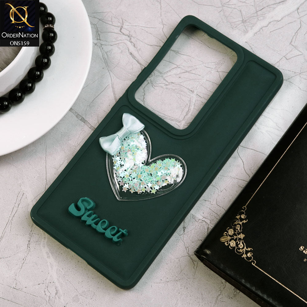 Vivo S17 Cover - Green - New Trendy 3D Love Heart (Moving Shiny Stars Glitter) & Bow Candy Color Soft Silicon Case