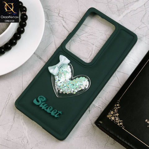 Vivo V29 Cover - Green - New Trendy 3D Love Heart (Moving Shiny Stars Glitter) & Bow Candy Color Soft Silicon Case