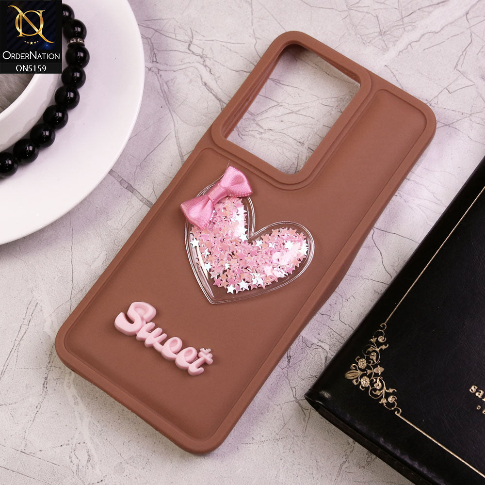 Vivo V29e Cover - Brown - New Trendy 3D Love Heart (Moving Shiny Stars Glitter) & Bow Candy Color Soft Silicon Case