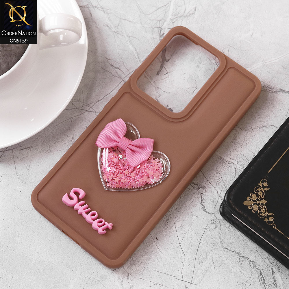 Vivo V29e Cover - Brown - Design 2 - New Trendy 3D Love Heart (Moving Shiny Stars Glitter) & Bow Candy Color Soft Silicon Case