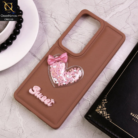 Vivo V30 Cover - Brown - New Trendy 3D Love Heart (Moving Shiny Stars Glitter) & Bow Candy Color Soft Silicon Case